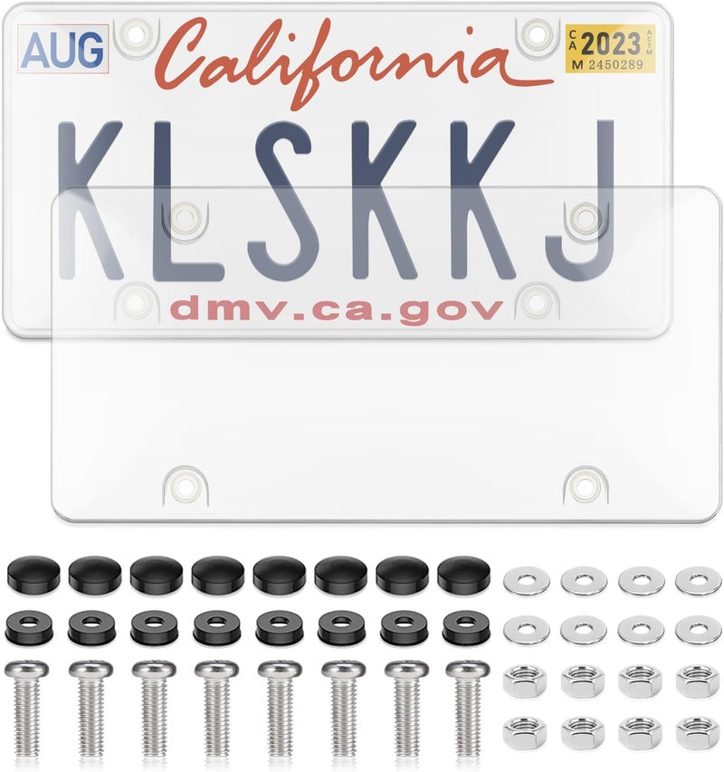 KLSKKJ 2 Pack Clear License Plate Covers, License Plate Protector Unbreakable Plastic Shields Tag Holder Fits Standard US Plate with Screws Caps - Image 1